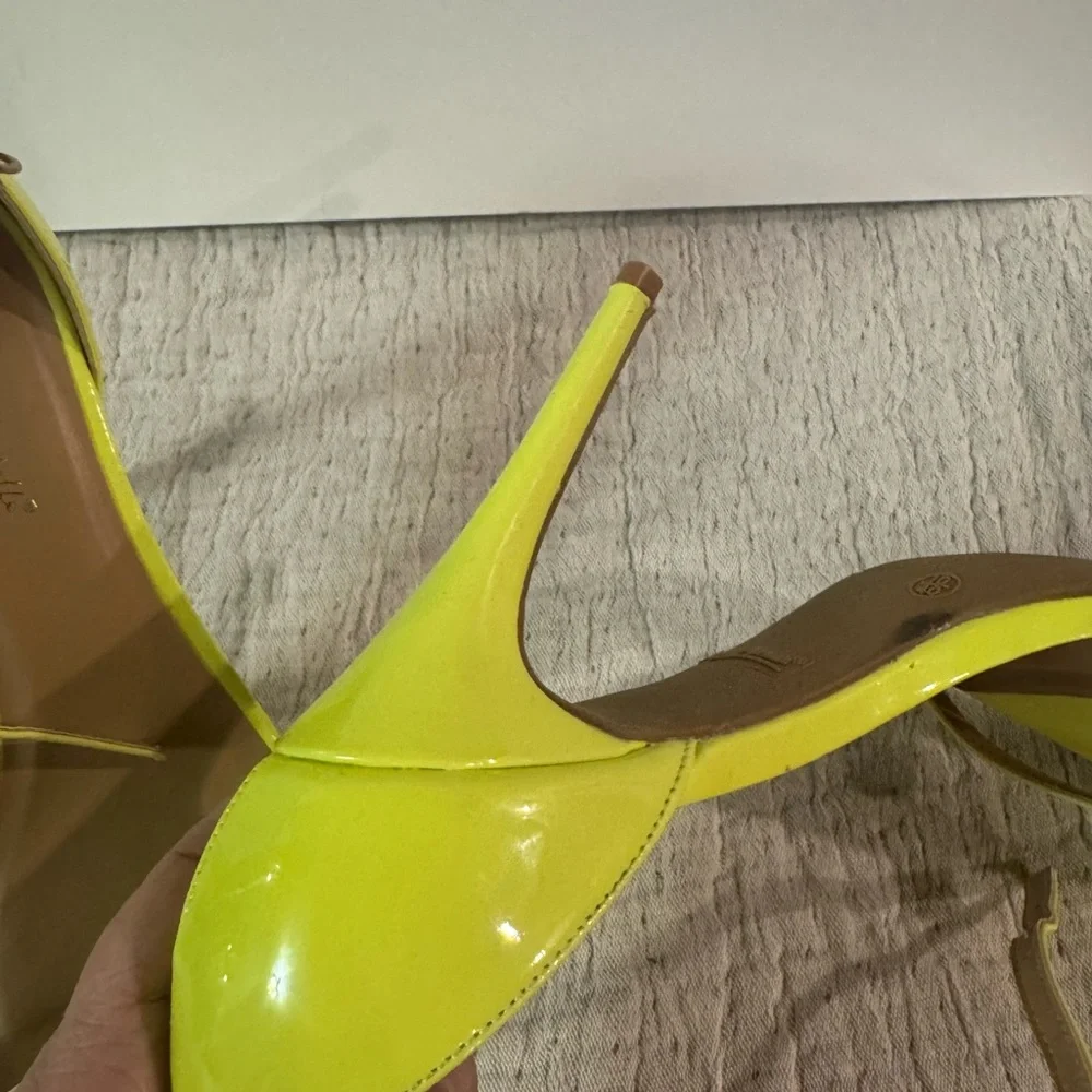 Anne Michelle Bright Yellow Patent Open-Toe Stiletto Sandals